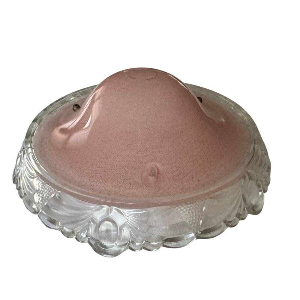 INCOMPLETE Vintage Pink Glass Hanging Ceiling Lamp Shade 3 Hole Scalloped Rim